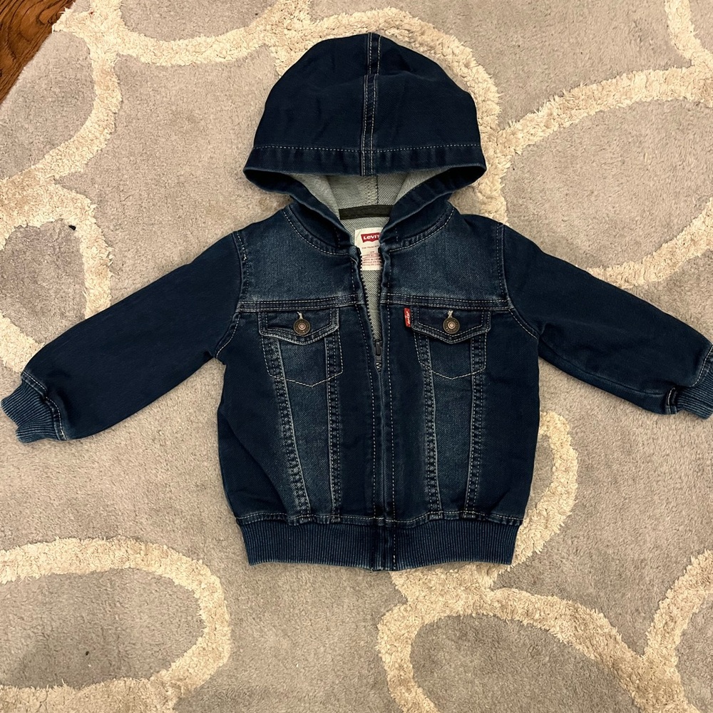 Levi's Blue Jean Jacket with Hood and Contrast Stitching
